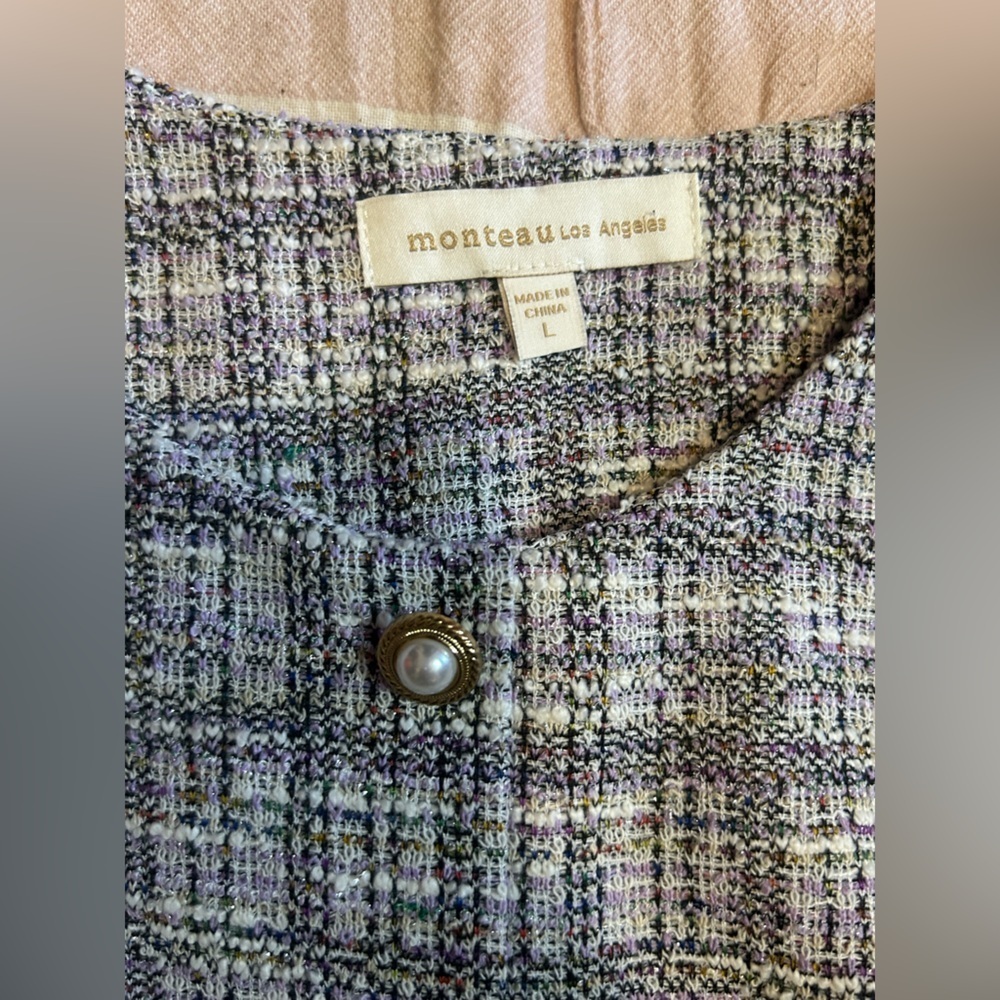 Monteau Los Angeles Tweed Mini Dress Size L Pearl Button Bouclé Dress - Picture 2 of 6